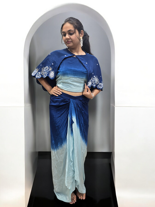 Modern Ethnic Wear Crop-top Dhoti Skirt with Poncho Shrug