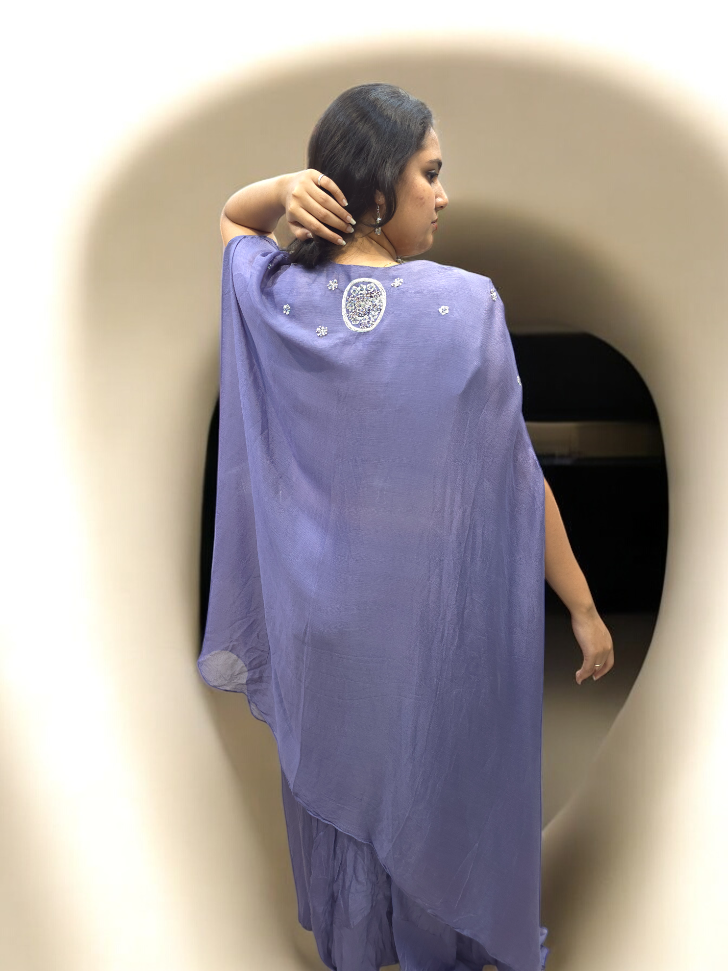 "Pure handwork crop top and palazzo with a cape shrug, crafted from pure Chinnon silk, perfect for elegant festive wear"