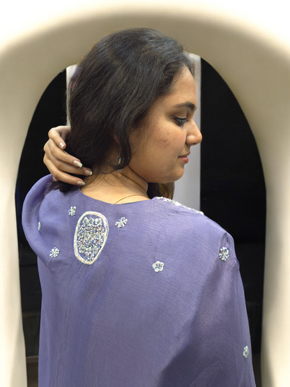 "Pure handwork crop top and palazzo with a cape shrug, crafted from pure Chinnon silk, perfect for elegant festive wear"