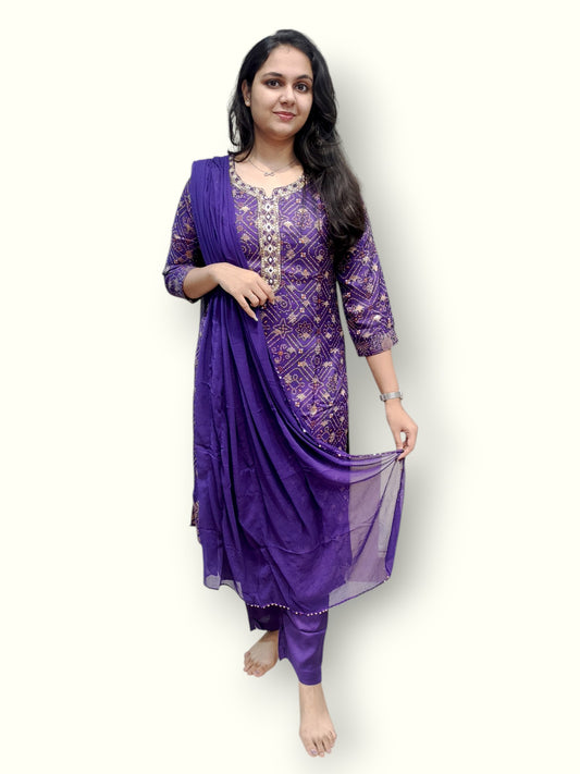 VIOLET BANDHANI JACQUARD HANDWORK KURTI SET