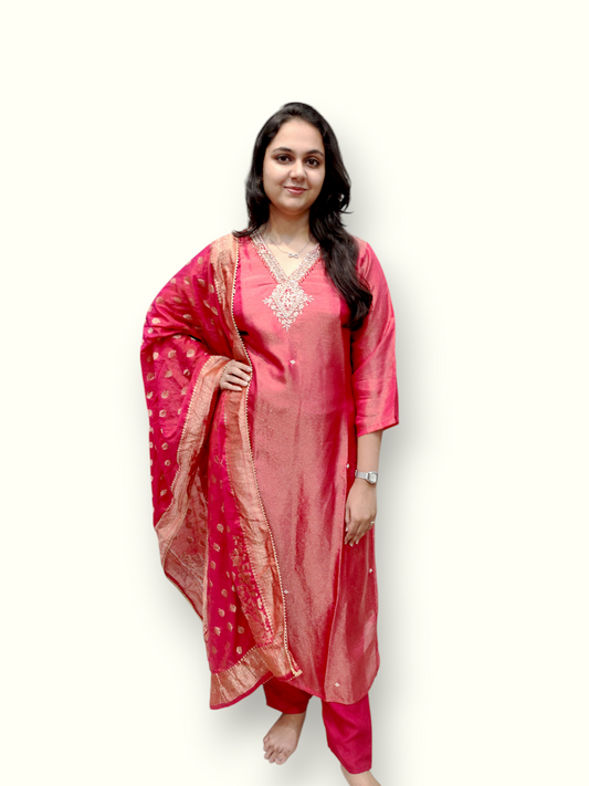 Shimmer Tissue Kurti Set with Banarasi Dupatta